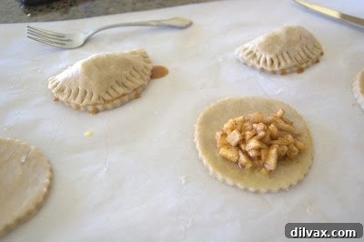 A pie dough circle with apple filling placed on one half, edges left clear for sealing.