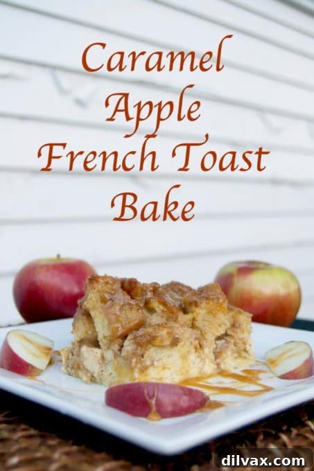 Sticky Caramel Apple French Toast Bake 12 A beautiful slice of Caramel Apple French Toast Bake on a white plate, garnished with a rich caramel drizzle and crisp streusel.