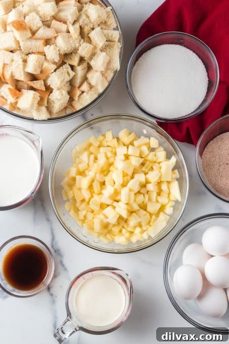 Sticky Caramel Apple French Toast Bake 4 Essential ingredients for a homemade apple French Toast bake, ready for preparation.