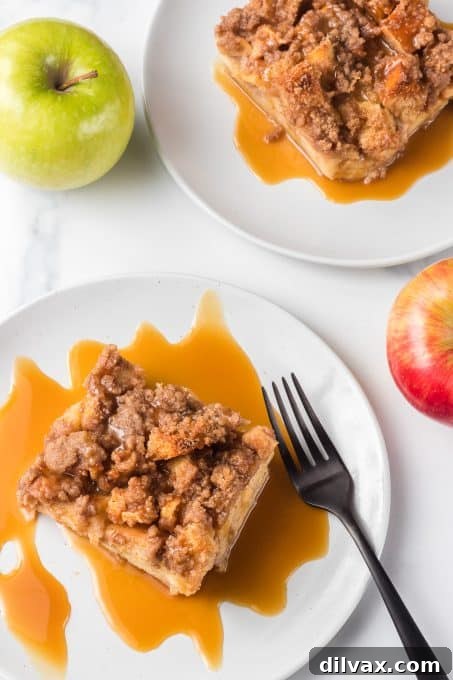 Sticky Caramel Apple French Toast Bake 7 Individual plates of Caramel Apple French Toast with a generous drizzle of caramel sauce.