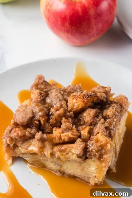 Sticky Caramel Apple French Toast Bake 8 A freshly baked Caramel Apple French Toast Casserole, golden and inviting.
