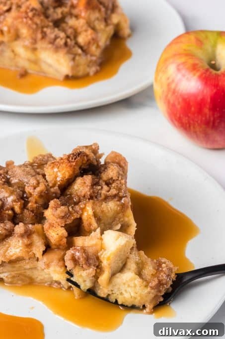 Sticky Caramel Apple French Toast Bake 10 A fully baked Caramel Apple Breakfast Casserole, glistening with caramel and streusel, ready to be served.