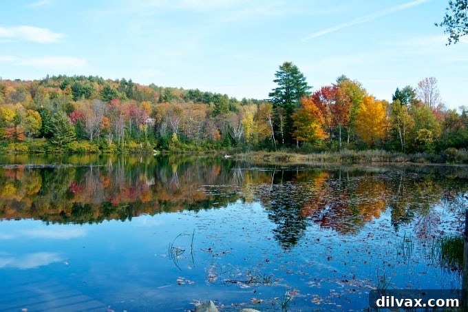 Serene Streeter Pond in Sugar Hill, NH reflecting brilliant fall foliage