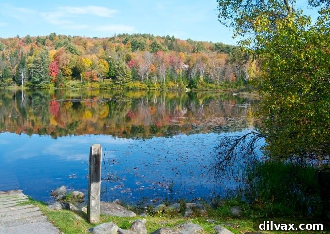Distant view of colorful trees surrounding Streeter Pond in Sugar Hill, NH