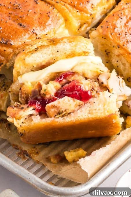 Sweet & Savory Turkey Cranberry Sliders 11 A tray of freshly baked Leftover Thanksgiving Sliders, showing the golden brown tops.