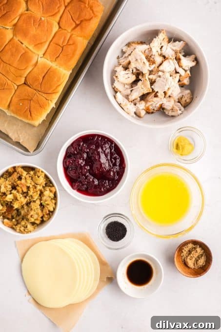 Sweet & Savory Turkey Cranberry Sliders 4 All ingredients laid out for making Turkey Sliders with Cranberry Sauce: rolls, turkey, cheese, cranberry sauce, stuffing, butter mixture components.