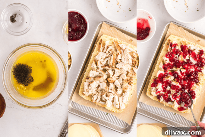 Sweet & Savory Turkey Cranberry Sliders 6 First steps of preparing Turkey Sliders with Cranberry Sauce, showing butter glaze mixture and rolls being sliced.