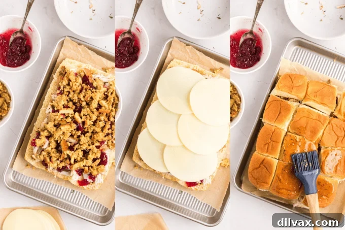 Sweet and Tangy Turkey Sliders 7 Second set of process photos for baking Turkey Sliders with Cranberry Sauce, showing glazed and baked sliders.