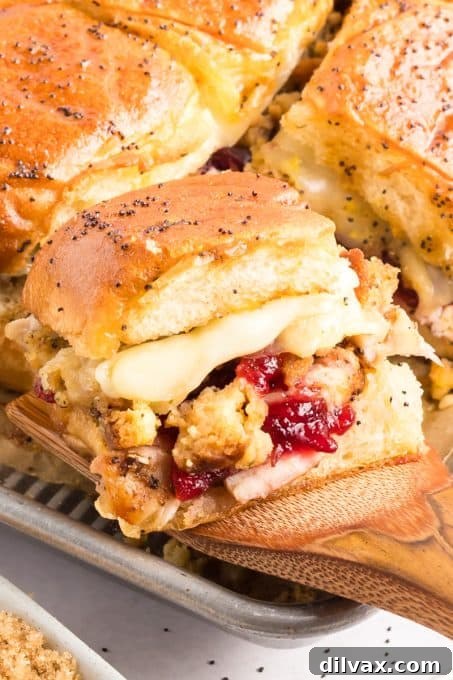 Sweet and Tangy Turkey Sliders 9 Close-up of cranberry sauce, stuffing, cheese, and turkey layered on a Hawaiian roll.