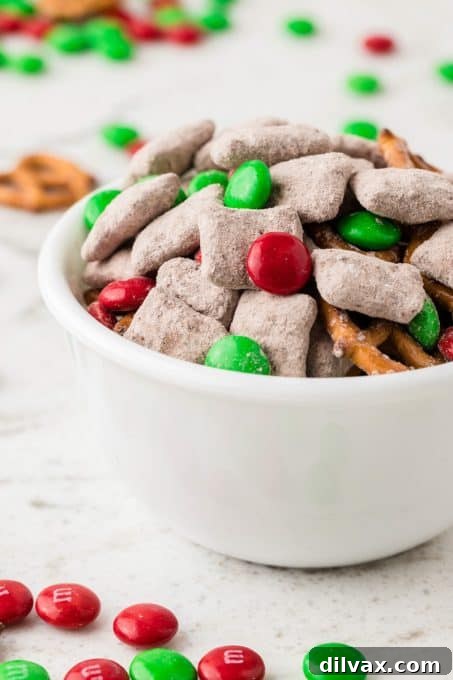 Festive Reindeer Fuel 11 Christmas M&M's, pretzels and chocolate peanut butter coated Chex cereal.