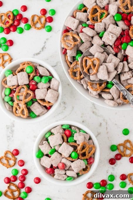 Festive Reindeer Fuel 7 Bowls of holiday Chex Muddy Buddies, perfect for snacking or holiday movie night.