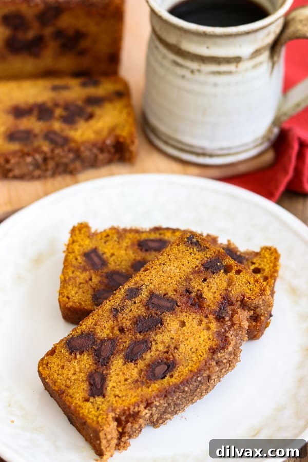 Two slices of Chocolate Chunk Pumpkin Bread on a plate with a mug of coffee. Two generous slices of Chocolate Chunk Pumpkin Bread on a rustic plate, accompanied by a steaming mug of coffee, setting a perfect autumn scene.