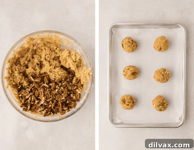Process photos showing scooped cookie dough on a baking sheet and baked cookies cooling on a wire rack.