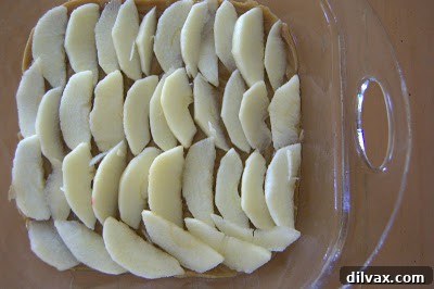 Thinly sliced apples arranged over the first layer of batter in the baking dish.