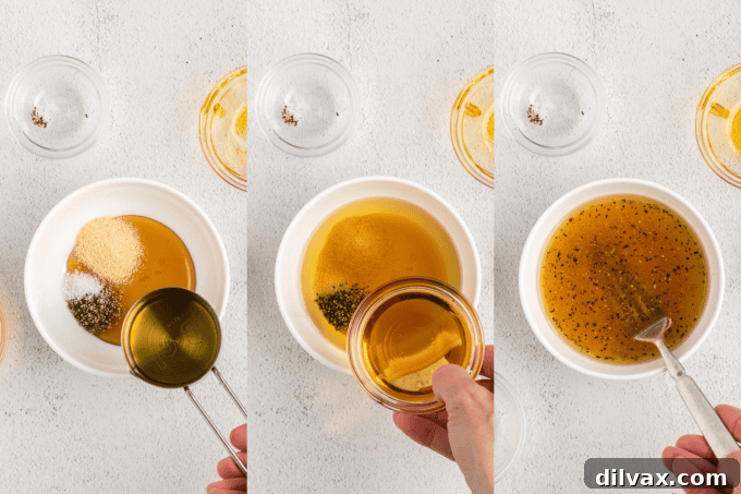 Winter Harvest Bowl 6 Process photos showing how to make the vinaigrette for a Winter Salad, with ingredients being mixed in a bowl.