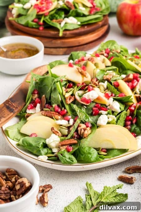 Winter Harvest Bowl 9 A close-up of a spinach salad featuring crisp apples, creamy Feta cheese, and shiny pomegranate arils.