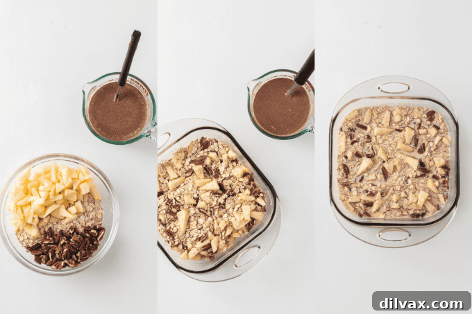 Process photos for Baked Apple Oatmeal showing steps like mixing and pouring.