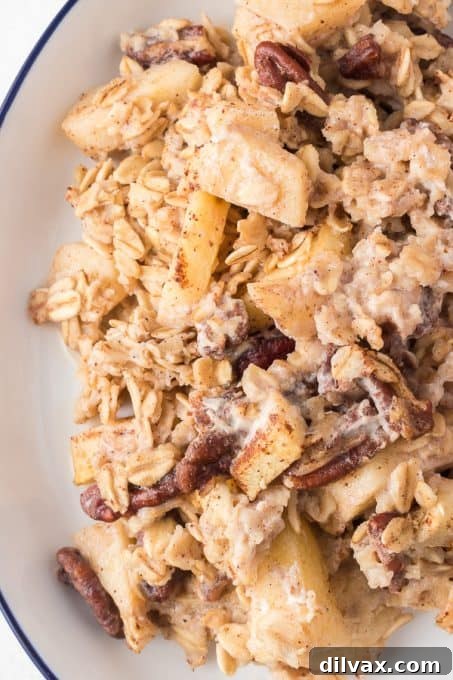 Baked oatmeal with chunks of apple and warm spices visible.