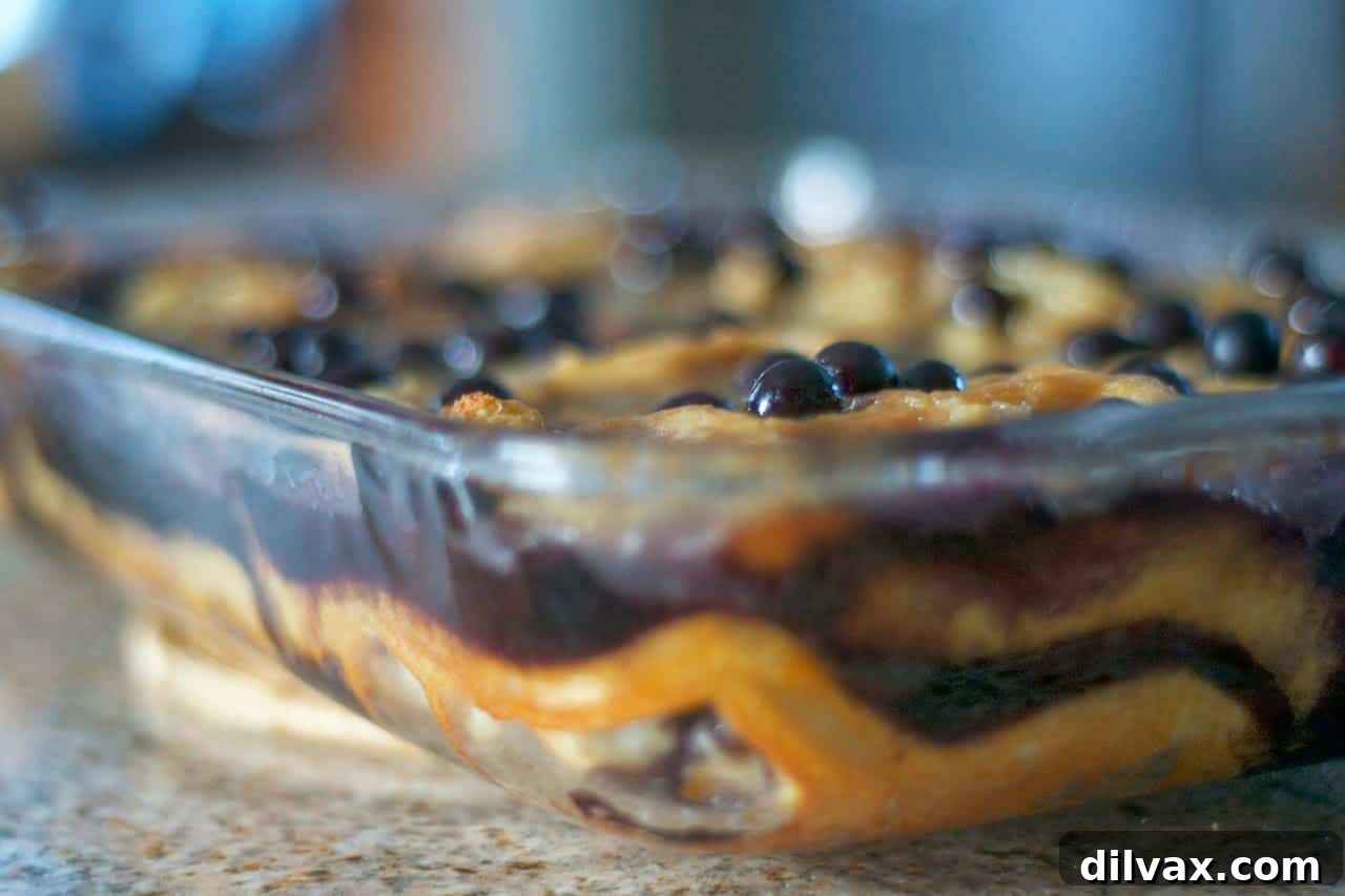 Close-up of Baked Blueberry Waffles showing the creamy filling and burst blueberries