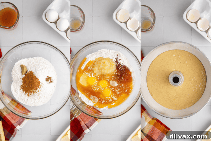 Process photo showing dry ingredients for Apple Cider Donut Cake being whisked in a large bowl.
