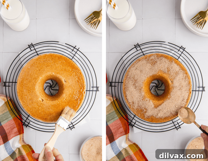 Process photo showing wet ingredients being added to dry ingredients for Apple Cider Donut Cake.