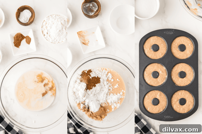 Golden Apple Cider Delights 5 First steps of making Apple Cider Donuts: mixing wet and dry ingredients.