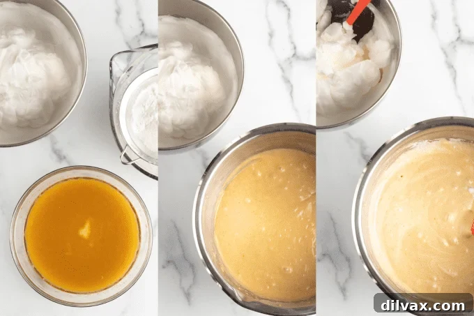 Golden Maple Cloud Cake 5 Process Steps for a Maple Chiffon Cake made in a bundt pan.