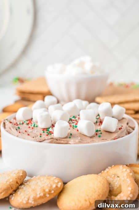 Close-up of a hot cocoa dessert dip in a white bowl, showing its creamy texture.