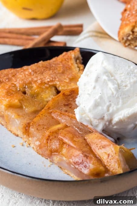 Rustic Cinnamon Pear Tart 12 A scoop of vanilla ice cream melting deliciously on a warm slice of Cinnamon Pear Galette.