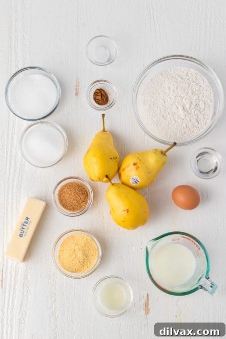 Rustic Cinnamon Pear Tart 4 A flat lay photograph showing all the ingredients neatly arranged for making a Cinnamon Pear Galette.