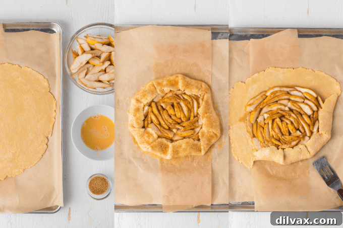 Rustic Cinnamon Pear Tart 7 Process photos demonstrating the assembly of a Cinnamon Pear Galette, from rolling out the dough to arranging the pears.