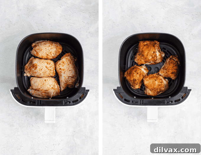 Crispy Air Fryer Chicken Thighs 6 Second set of process photos for cooking Air Fryer Chicken Thighs.