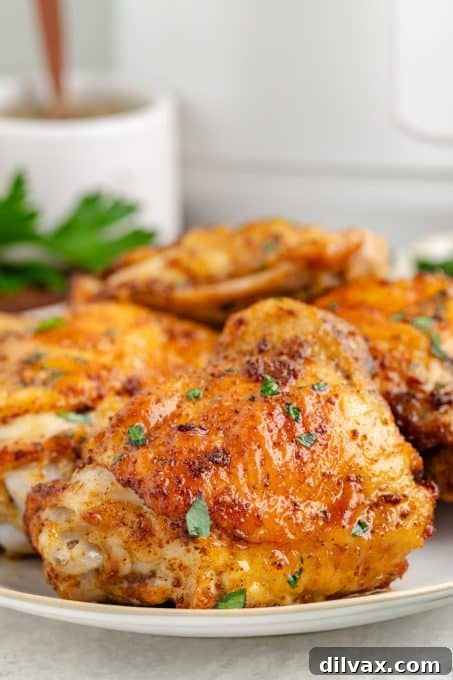 Crispy Air Fryer Chicken Thighs 10 Air fried chicken on a plate with garnishes.