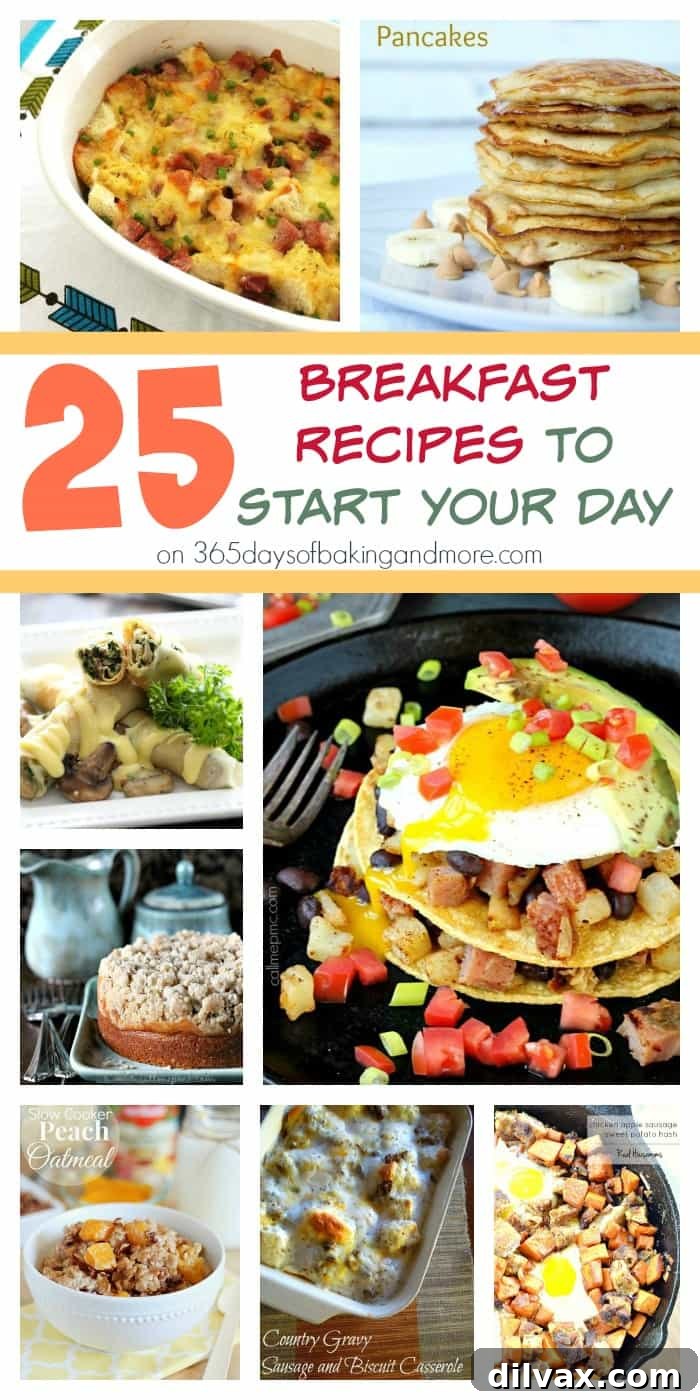 Collection of 25 diverse breakfast recipes including pancakes, coffee cakes, quiches, and various morning delights