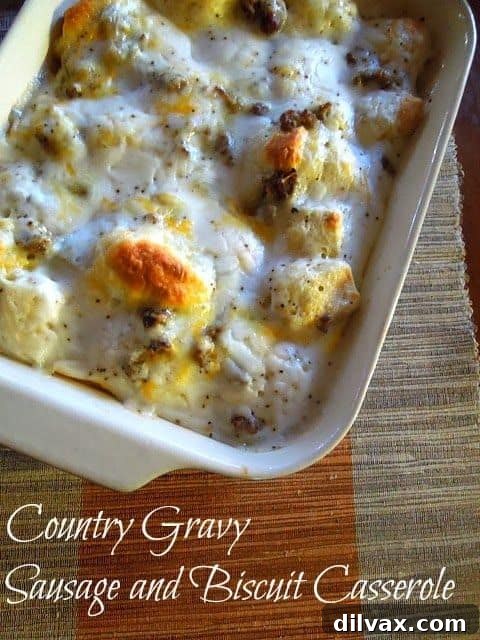 Hearty Country Gravy Breakfast Casserole in a baking dish