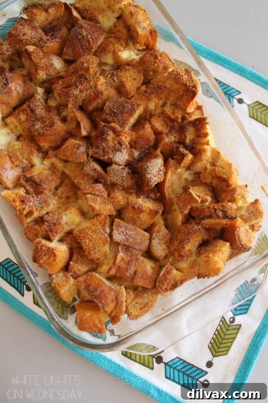 Golden brown French Toast Casserole ready to serve