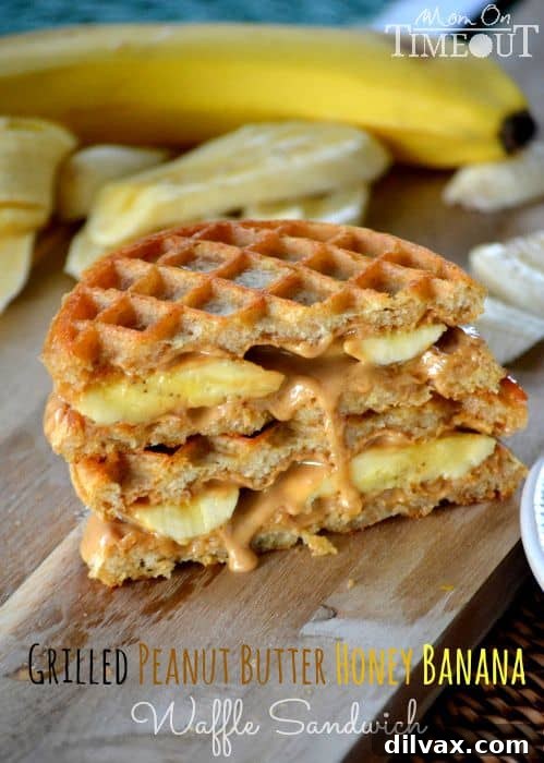 Grilled Peanut Butter Honey Banana Waffle Sandwiches with a golden crust