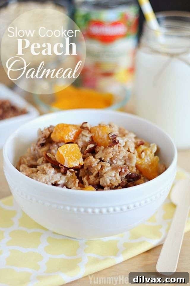 Warm Slow Cooker Peach Oatmeal topped with fresh peaches