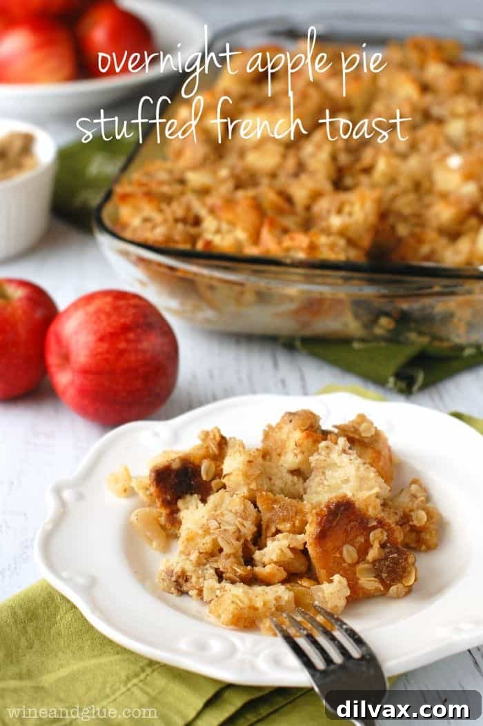 Overnight Apple Pie Stuffed French Toast casserole with a golden crust