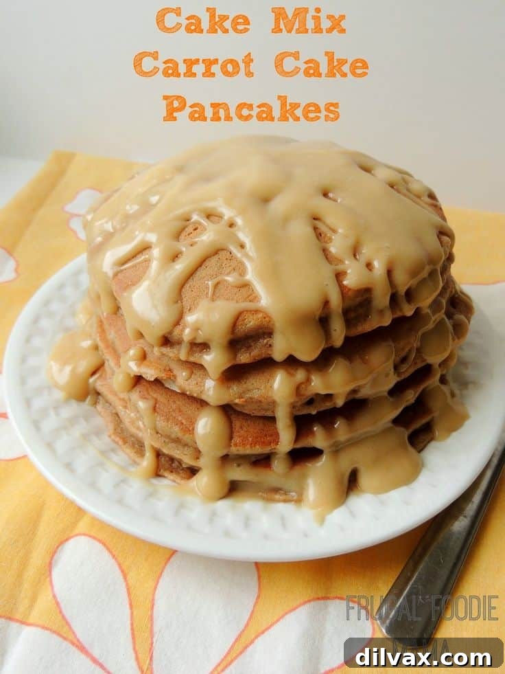 Carrot Cake Pancakes made with cake mix, topped with glaze