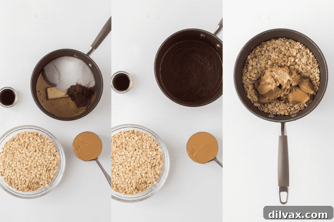 Effortless Chocolate Peanut Butter Delights 5 First steps of making Chocolate Peanut Butter No-Bake Cookies: boiling the mixture.