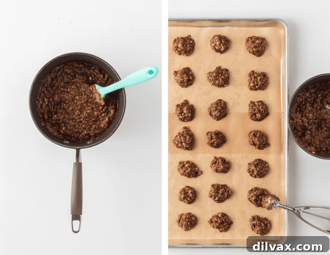 Effortless Chocolate Peanut Butter Delights 6 Second set of process photos for Chocolate Peanut Butter No Bake Cookies, showing scooping.