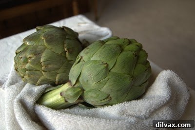 Fresh globe artichokes ready for baking, showcasing their vibrant green leaves and sturdy appearance.