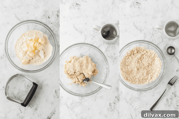 First stage of pie crust preparation: mixing dry ingredients with shortening and butter pieces.