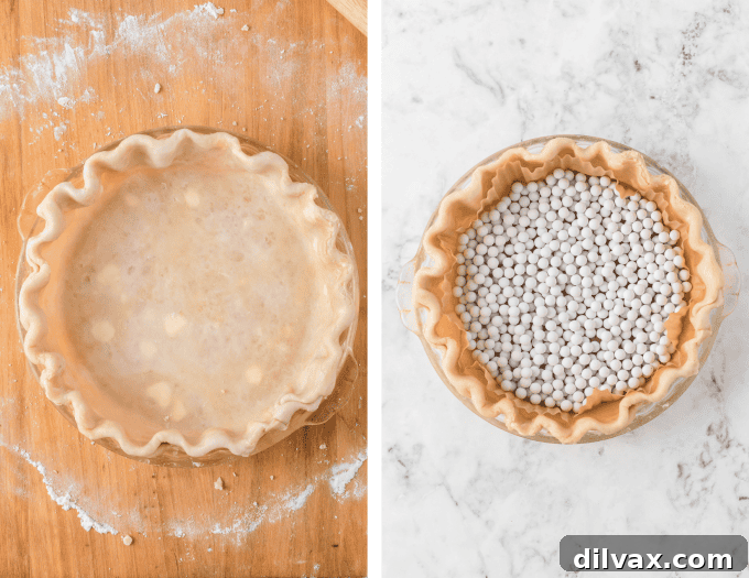 Third set of process photos for Homemade Pie Crust, showing dough being fitted into a pie plate and edges being finished.
