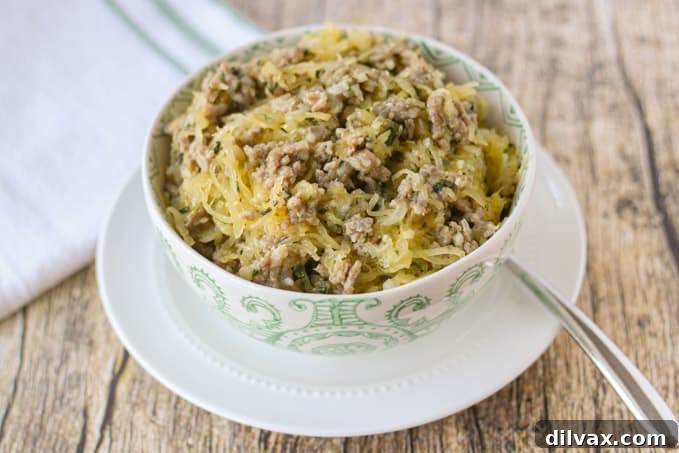 Hearty Sausage Spaghetti Squash Bake 2 A bowl of sausage and spaghetti squash.