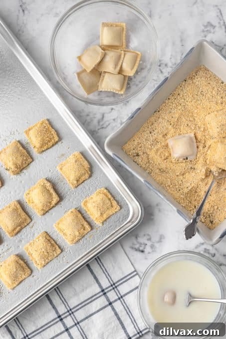 Coating ravioli in buttermilk and then in breadcrumbs and cornmeal.