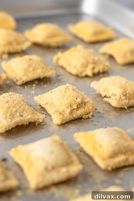 Breaded ravioli ready for the oven.