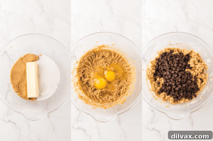 Collage of process photos showing steps for making Reese's Cookie Cups, from mixing ingredients to filling the baked cups.