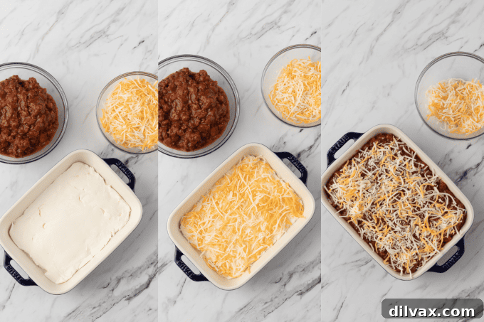Easy Three Ingredient Chili Cheese Delight 5 Process photos for preparing the 3-Ingredient Chili Cheese Dip layers.